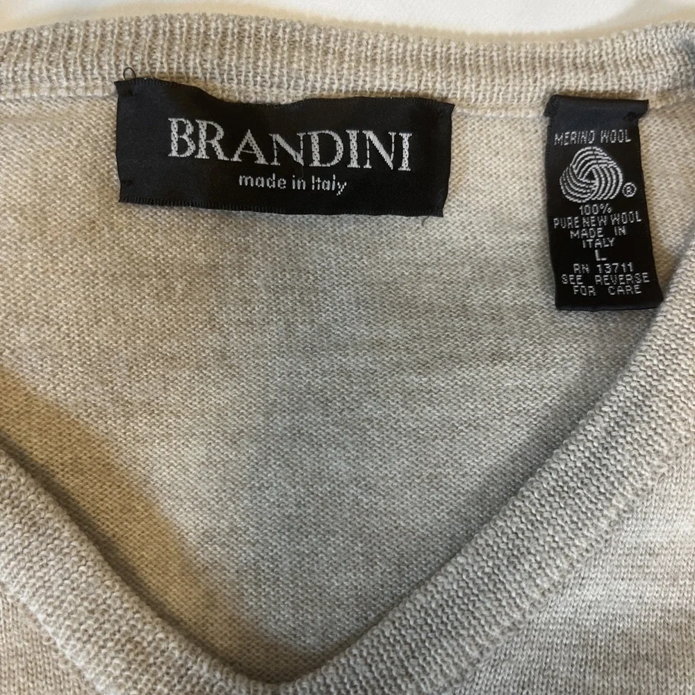 Brandini Italian Merino Wool Pullover Sweater Beige Vneck Quiet Luxury Preppy LG